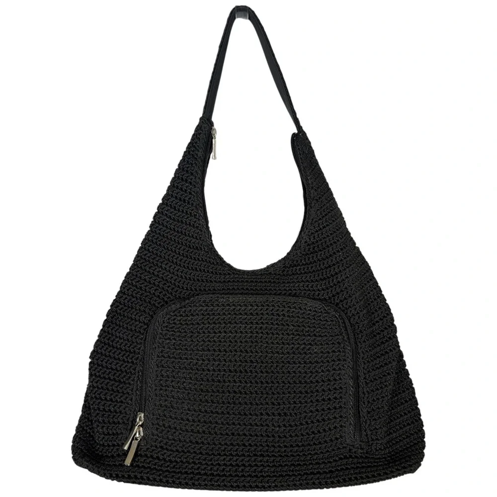 Unbranded Black Crochet Hobo Shoulder Bag Bow Zip Pocket Rayon